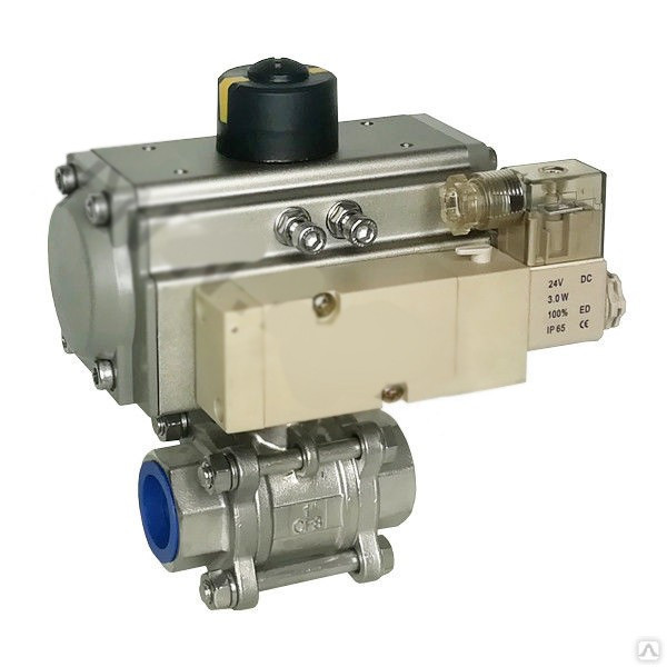 Кран шаровой полнопроходной трехсоставной 1 1/4" с площадкой ISO5211, нерж. ст. 304 в комплекте с пневмоприводом двойного действия (ШК-ПГС332316-PBT052D)